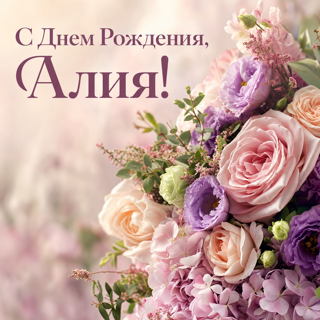 Элегантная открытка с цветочным букетом для празднования Дня Рождения Алие.