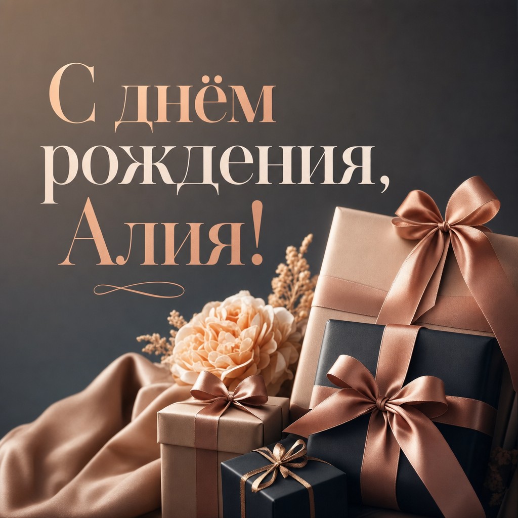 Стильная открытка с подарочными коробками для поздравления с Днем Рождения Алие.