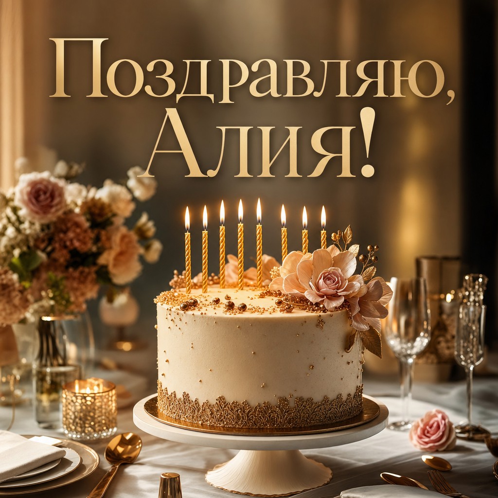 Роскошная открытка с тортом для поздравления Алие с Днем Рождения.