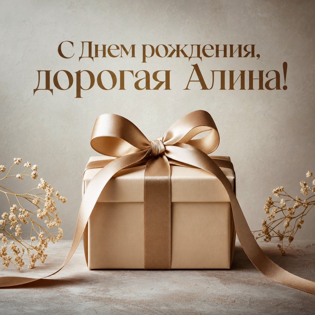 Уютная открытка с красиво оформленной подарочной коробкой для поздравления Алины с днем рождения.