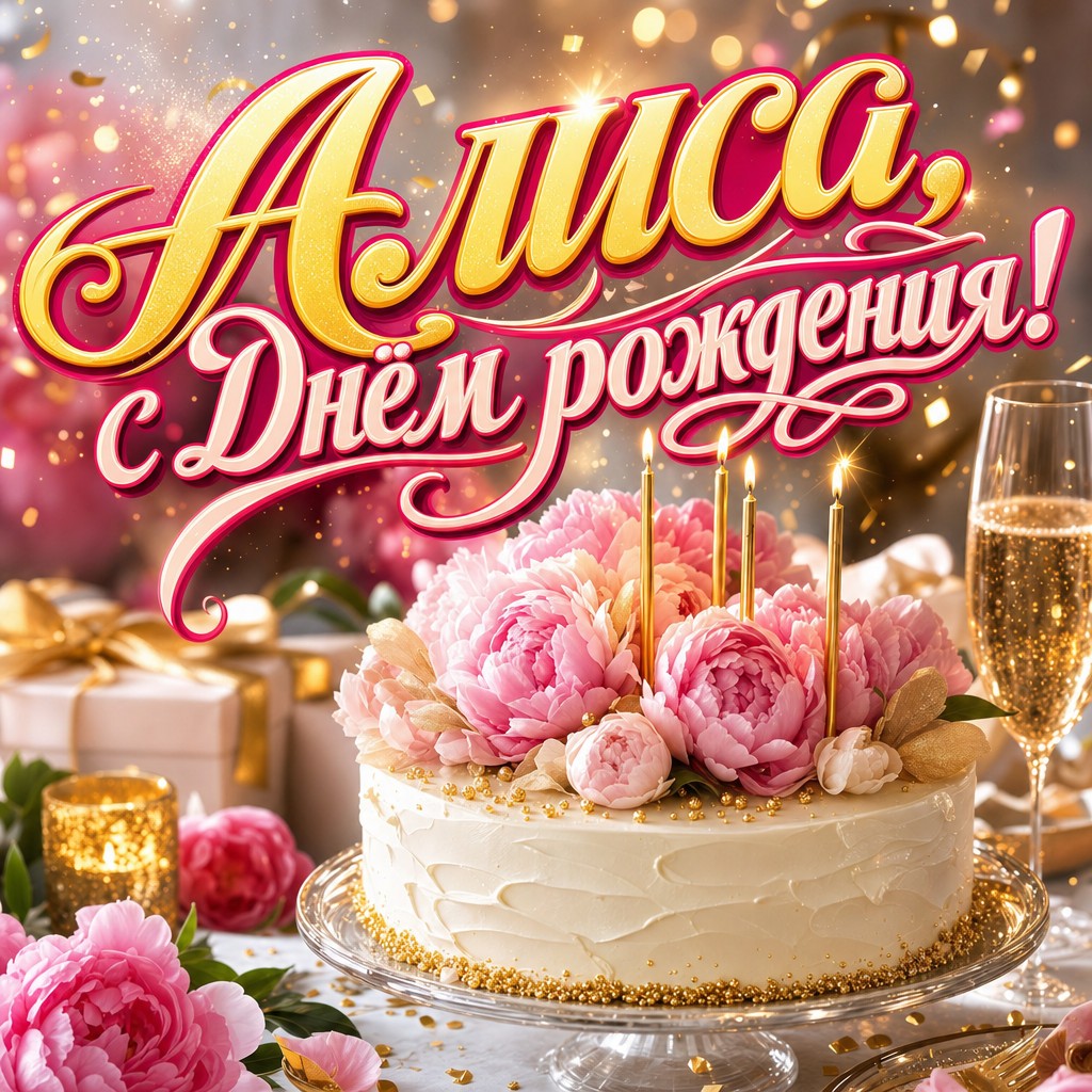 Нежная премиальная открытка с Днем Рождения Алисе: торт, пионы и золотые свечи в светлой праздничной палитре.