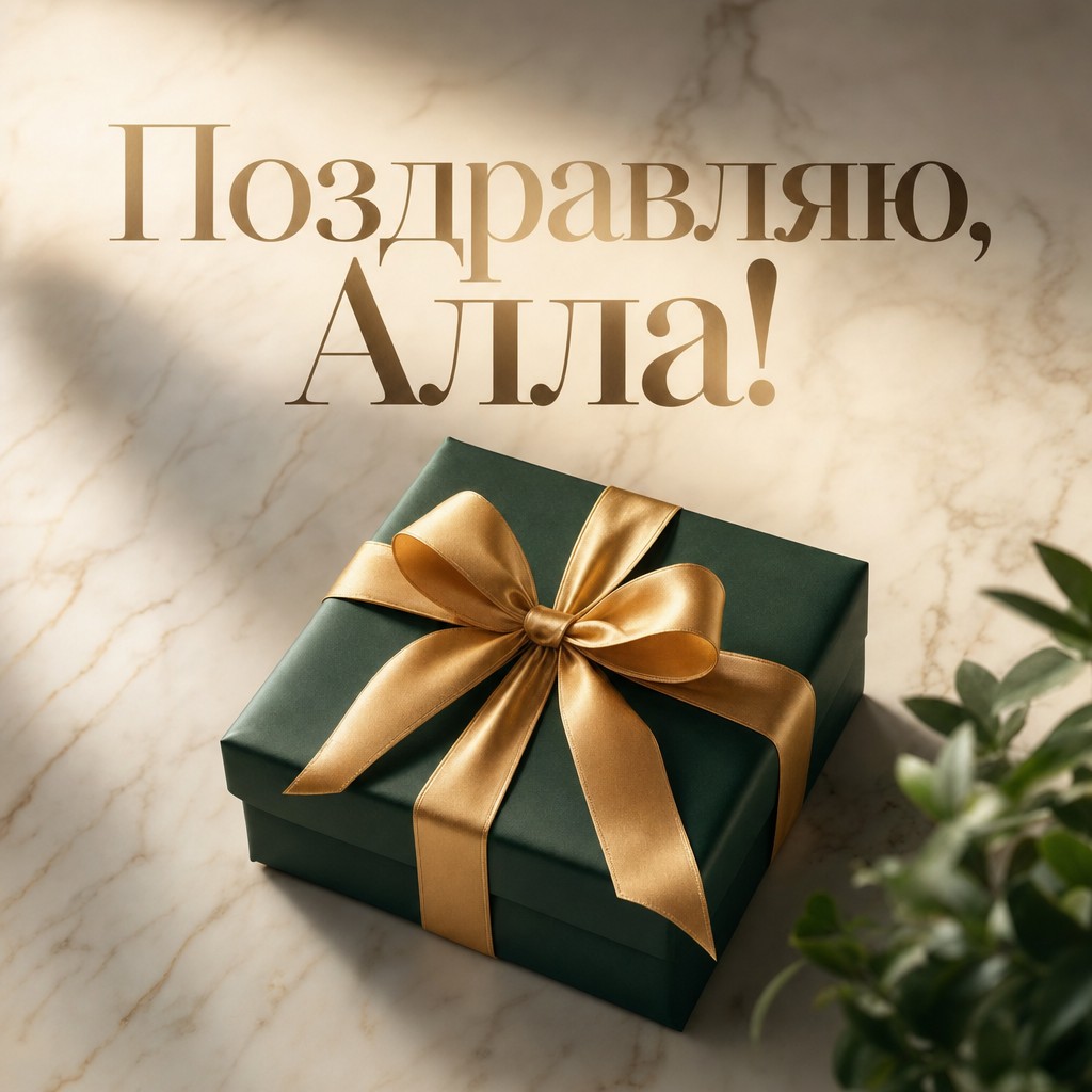 Современная открытка с подарком для поздравления Аллы с днем рождения.