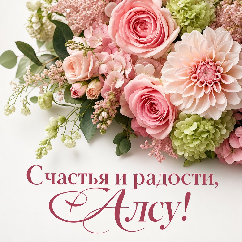 Элегантная открытка с цветами для поздравления Алсу с Днем Рождения.