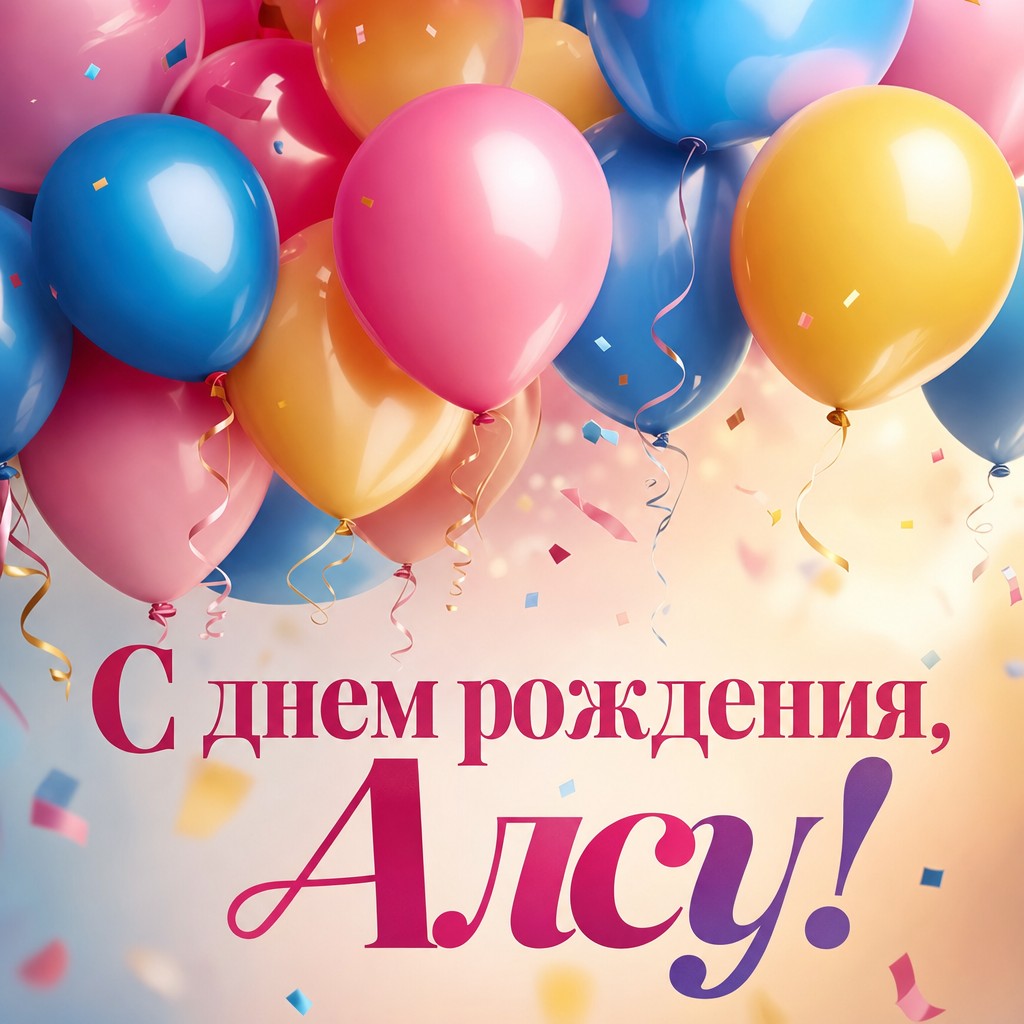 Яркая открытка с цветными шарами для поздравления Алсу с Днем Рождения.