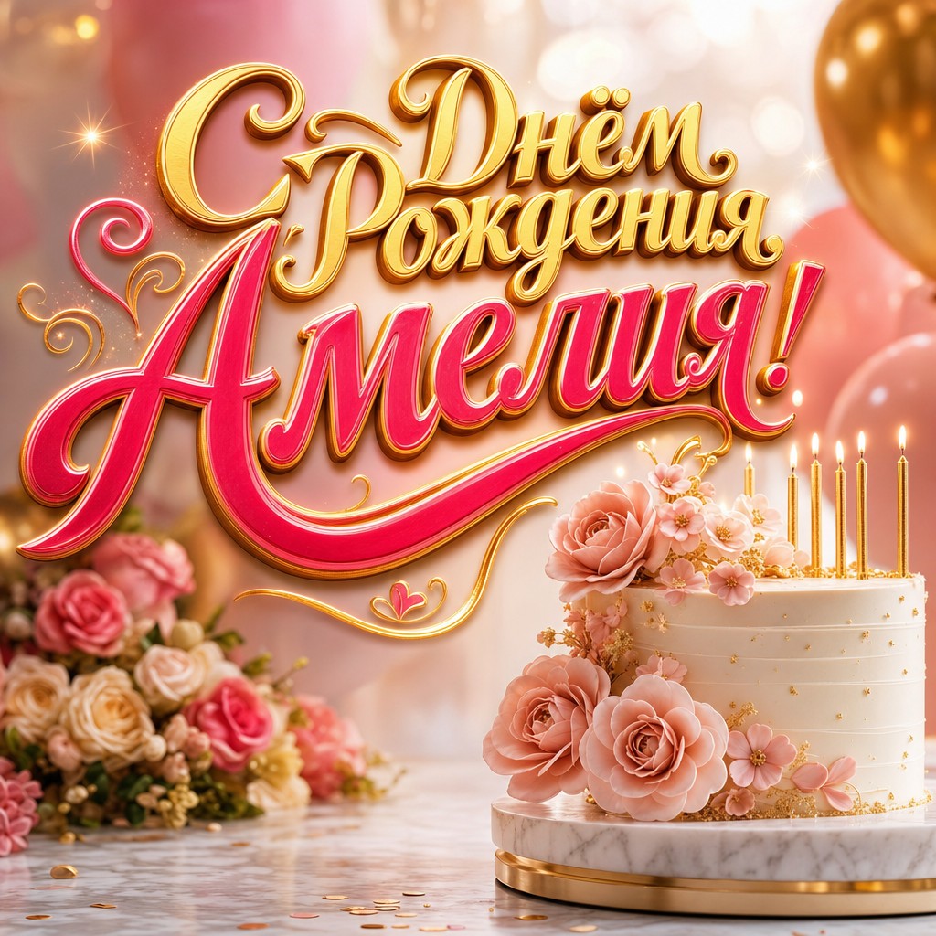 Премиальная открытка для Амелии на день рождения: нежный торт, свечи, воздушные шары и элегантная праздничная атмосфера.
