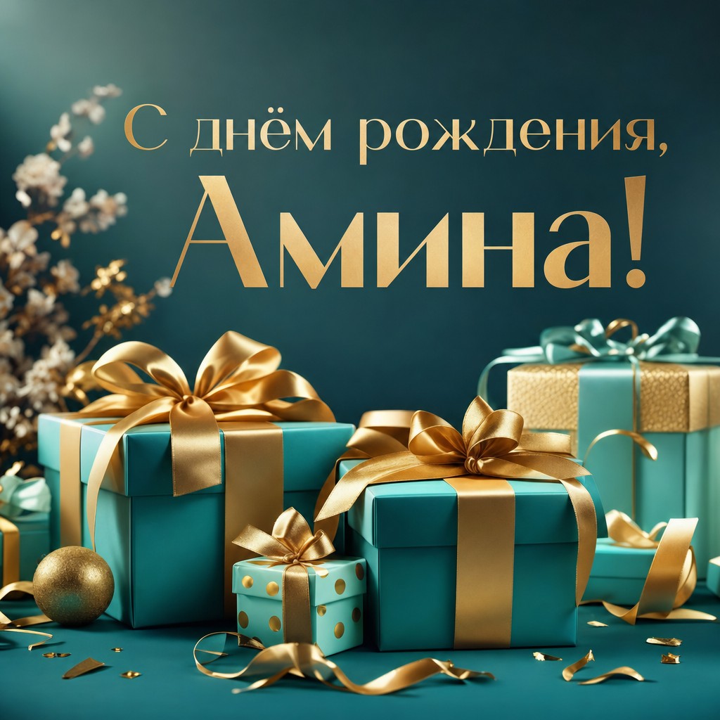 Современная открытка с подарками для Амине.