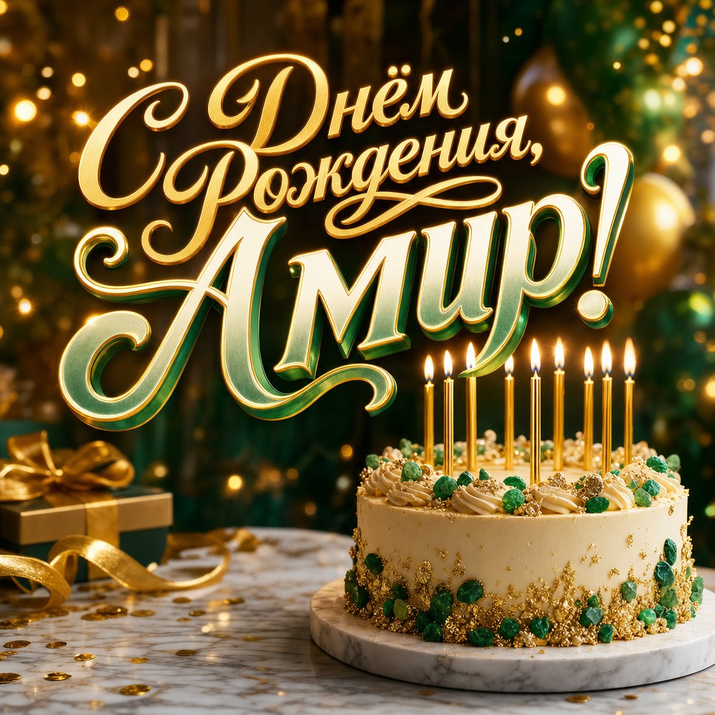 Премиальная открытка с Днем Рождения Амиру: элегантный торт, свечи и изумрудно-золотая праздничная палитра.