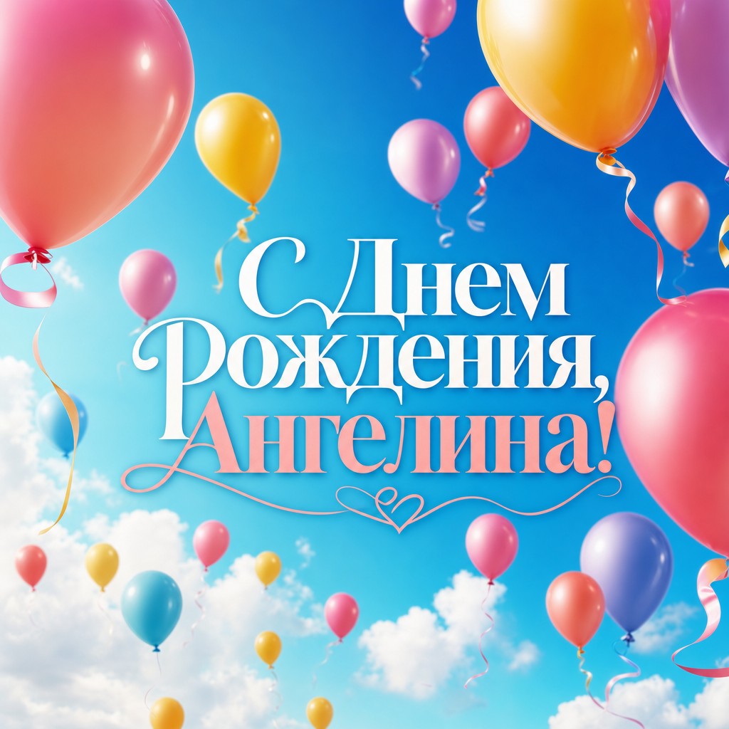 Яркая открытка с шарами для Ангелины с надписью 'С Днем Рождения!'