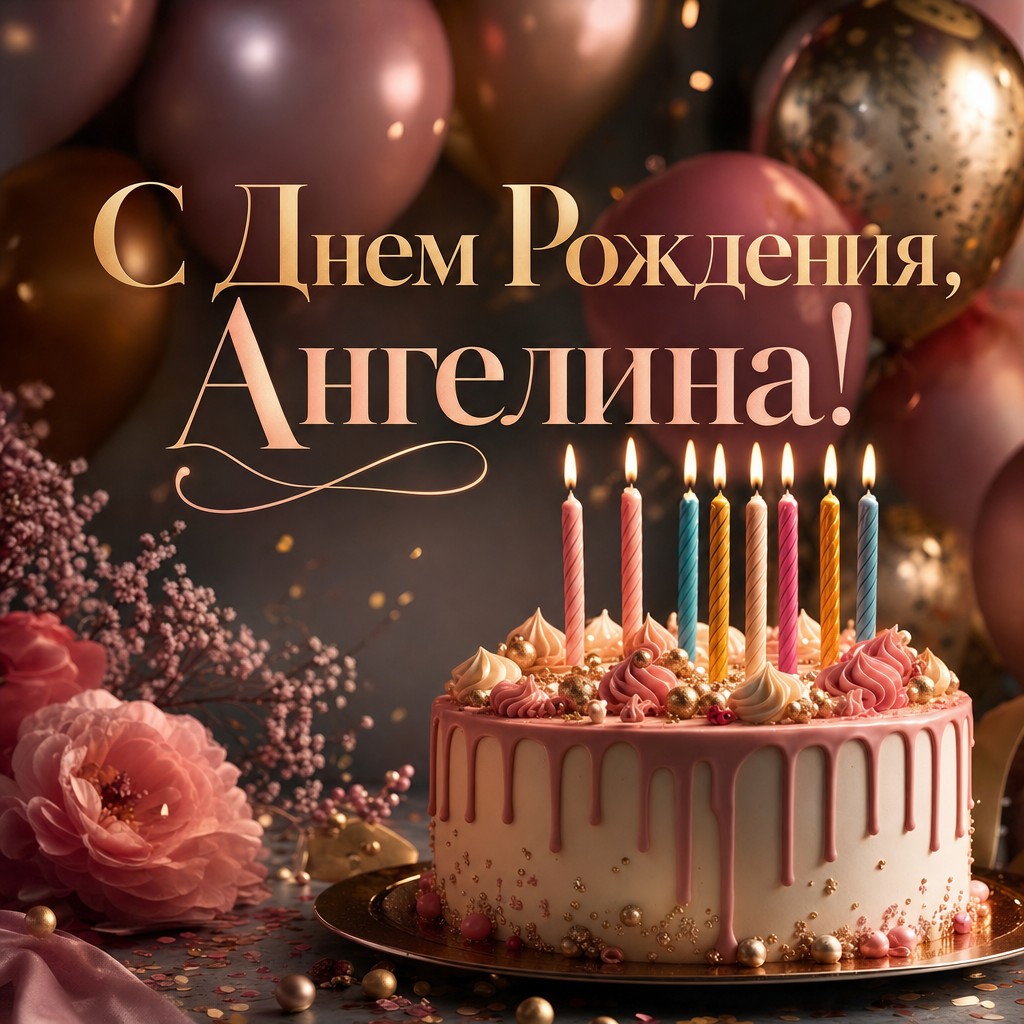 Элегантная открытка с тортом для Ангелины с поздравлением 'С Днем Рождения!'