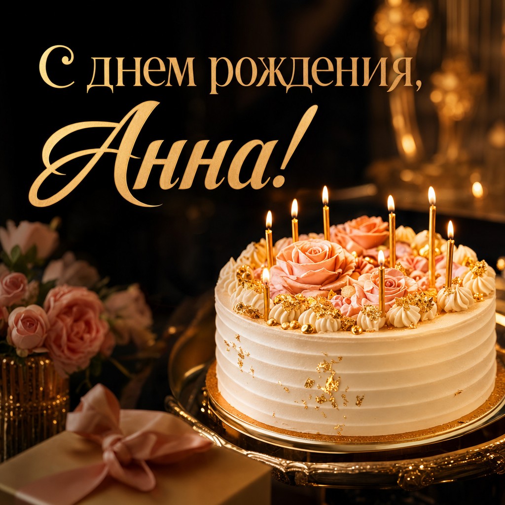 Элегантная открытка с тортом для Дня Рождения Анны.