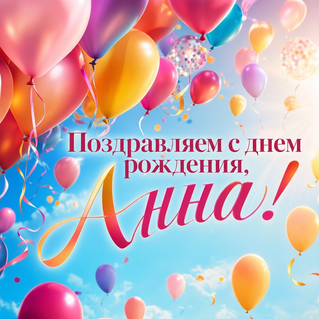 Яркая открытка с воздушными шарами для Дня Рождения Анны.