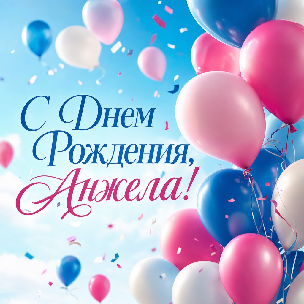 Яркая открытка с воздушными шарами для Анжелы ко Дню Рождения.