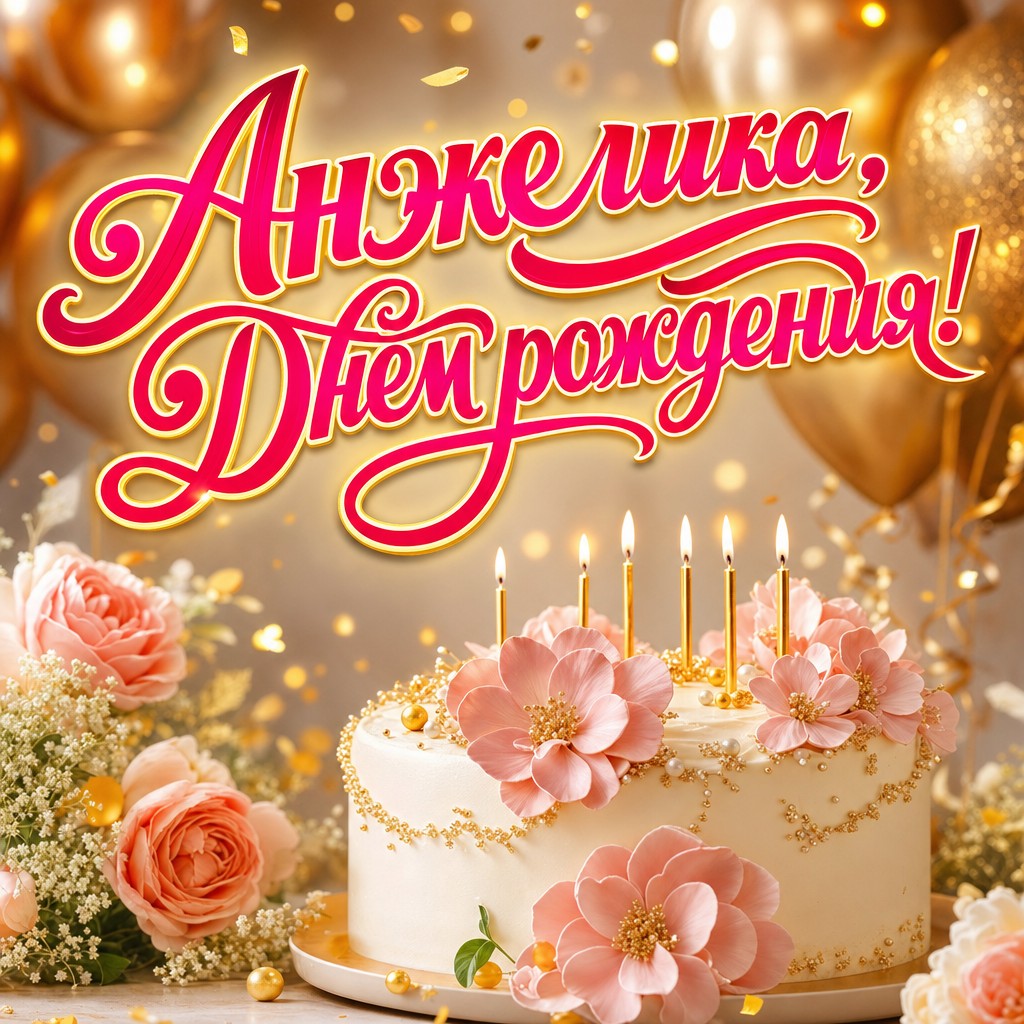 Нежная премиальная открытка Анжелике на день рождения с праздничным тортом, свечами и золотыми шарами.