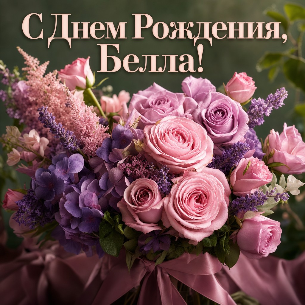 Элегантная открытка с букетом цветов на день рождения Беллы.