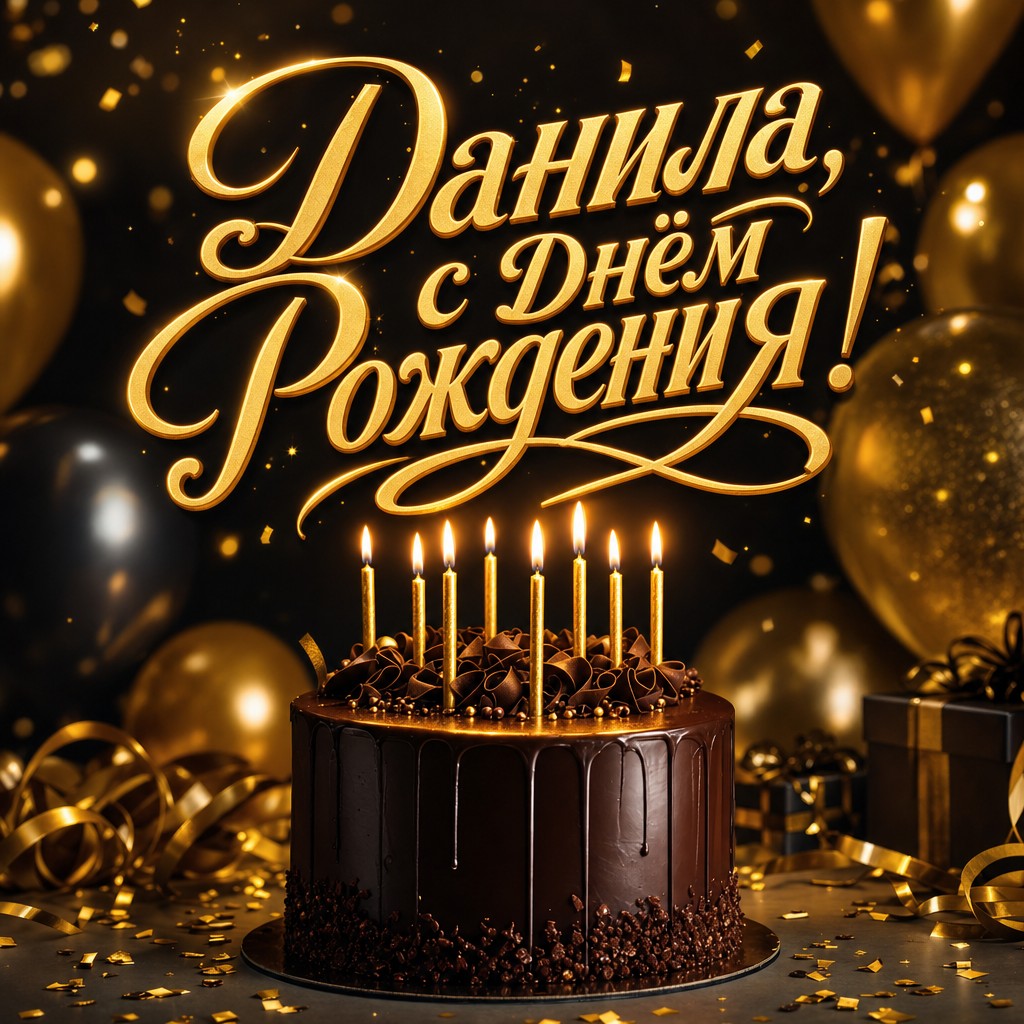 Премиальная открытка с Днем Рождения Даниле: шоколадный торт, свечи и золотые акценты в стильной праздничной атмосфере.