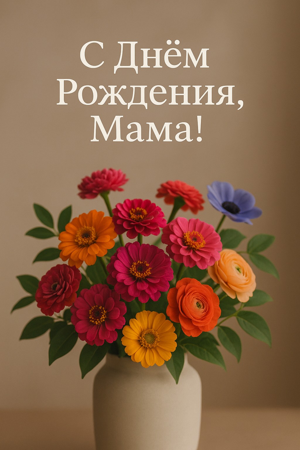 Красочная открытка с цветами для Мамы на день рождения.