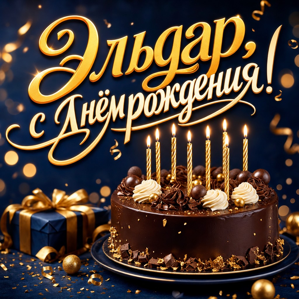 Стильная открытка Эльдару на день рождения с шоколадным тортом, свечами и золотыми акцентами.