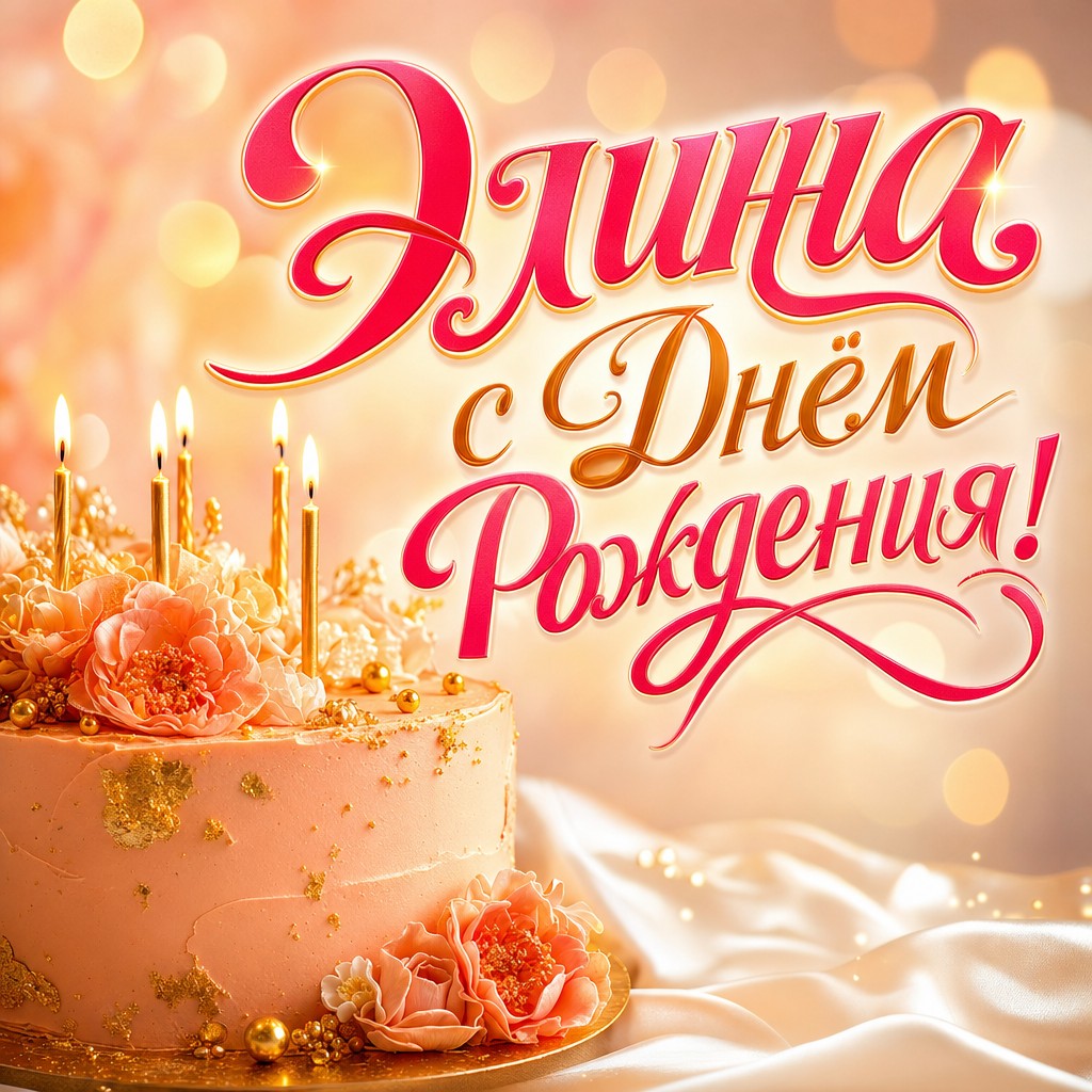 Нежная премиальная открытка для Элины на день рождения: персиковый торт, свечи и теплое праздничное настроение.