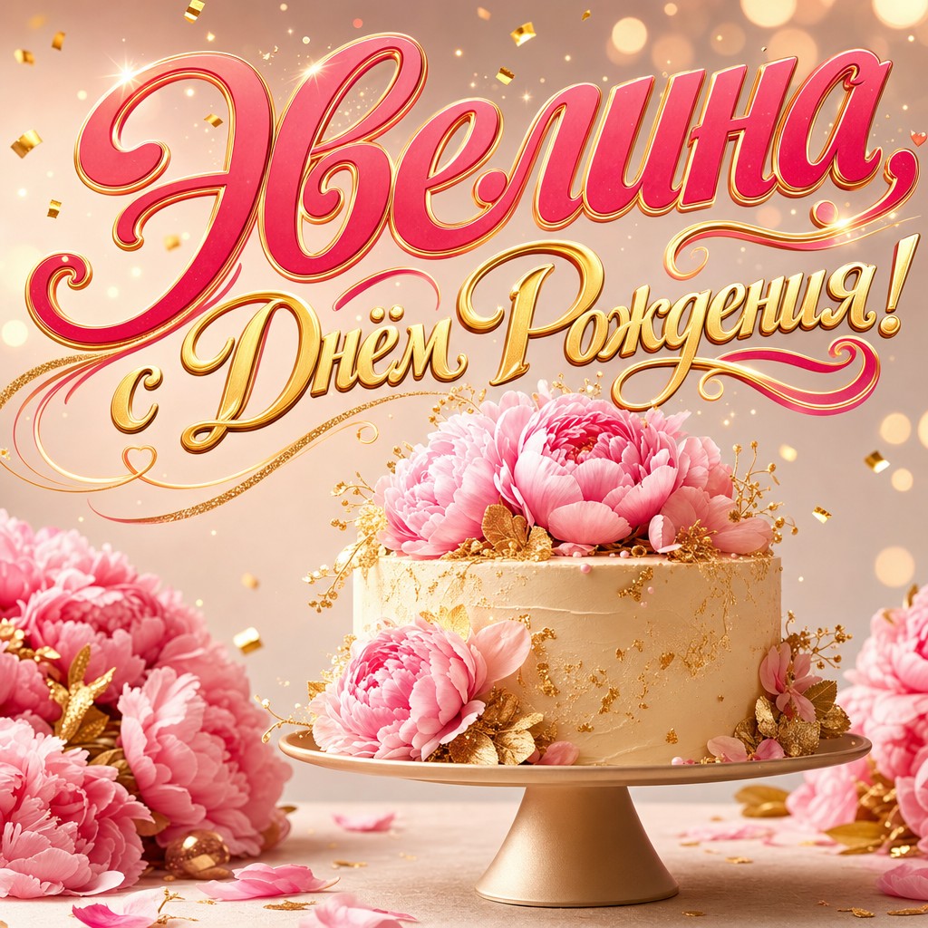 Нежная премиальная открытка с тортом, пионами и золотыми деталями для поздравления Эвелины с днем рождения.
