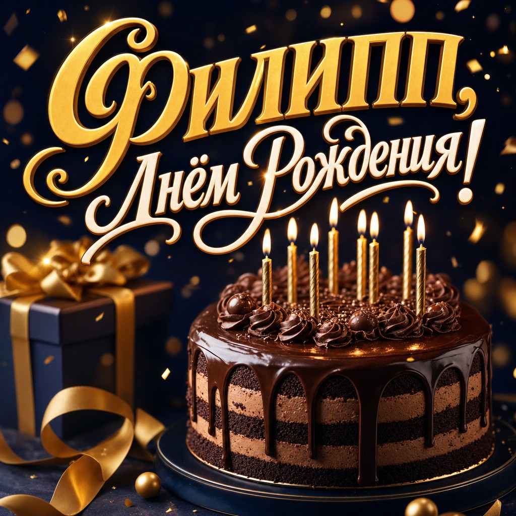 Стильная открытка Филиппу на день рождения: шоколадный торт, золотые свечи и премиальная тёмно-синяя атмосфера.
