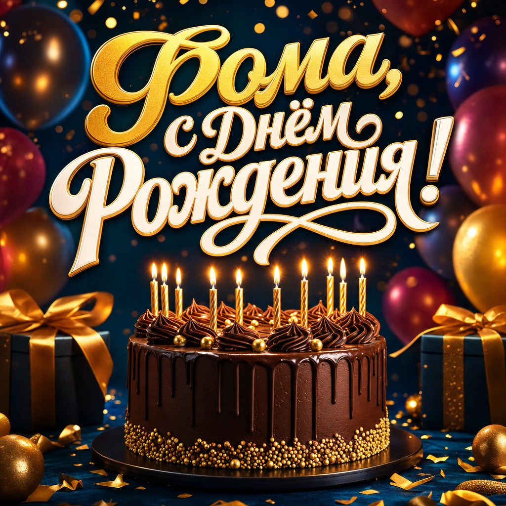 Стильная открытка с Днем Рождения Фоме: праздничный торт, свечи и тёплый золотой свет.