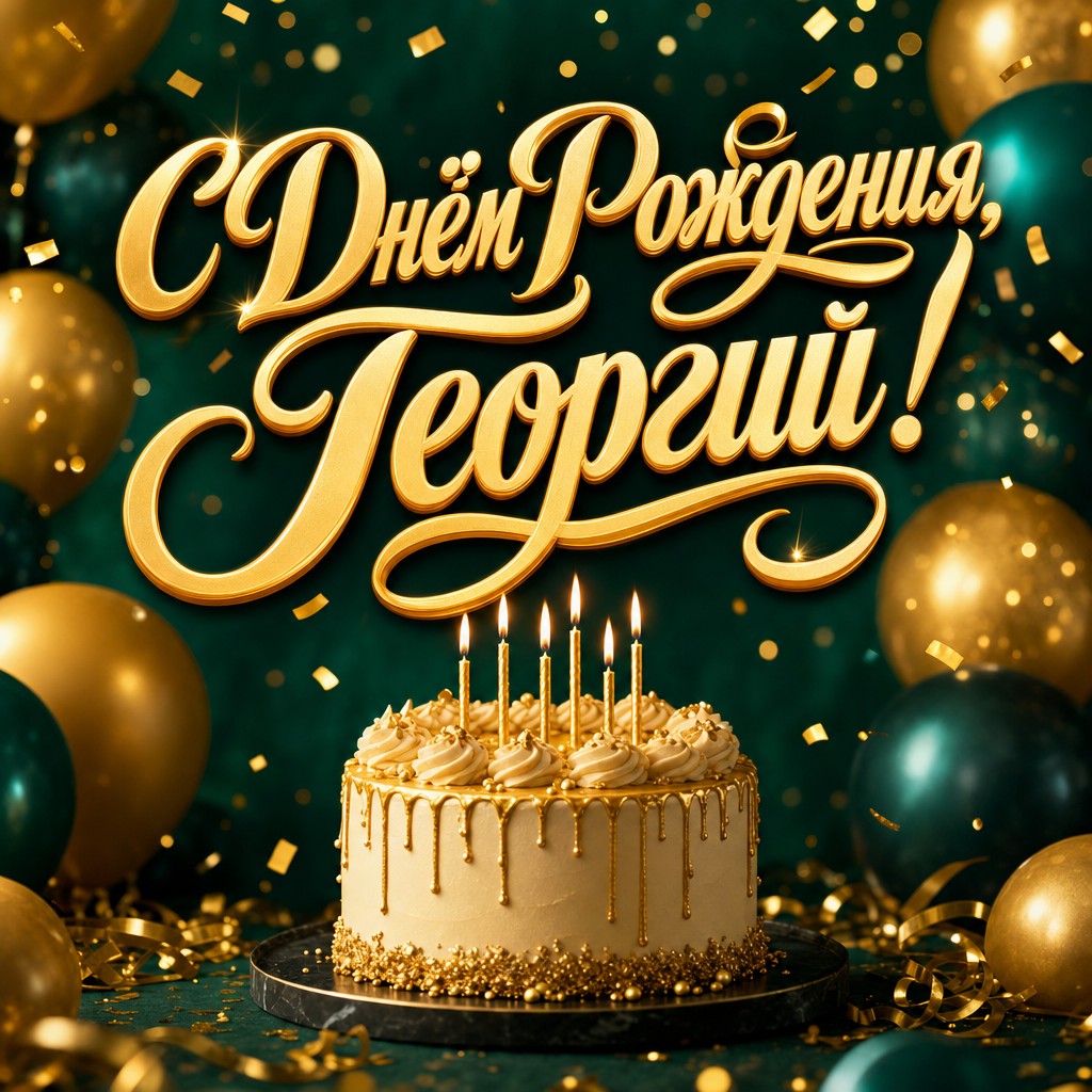 Стильная открытка Георгию на день рождения с тортом, свечами и золотыми шарами в премиальной темной палитре.
