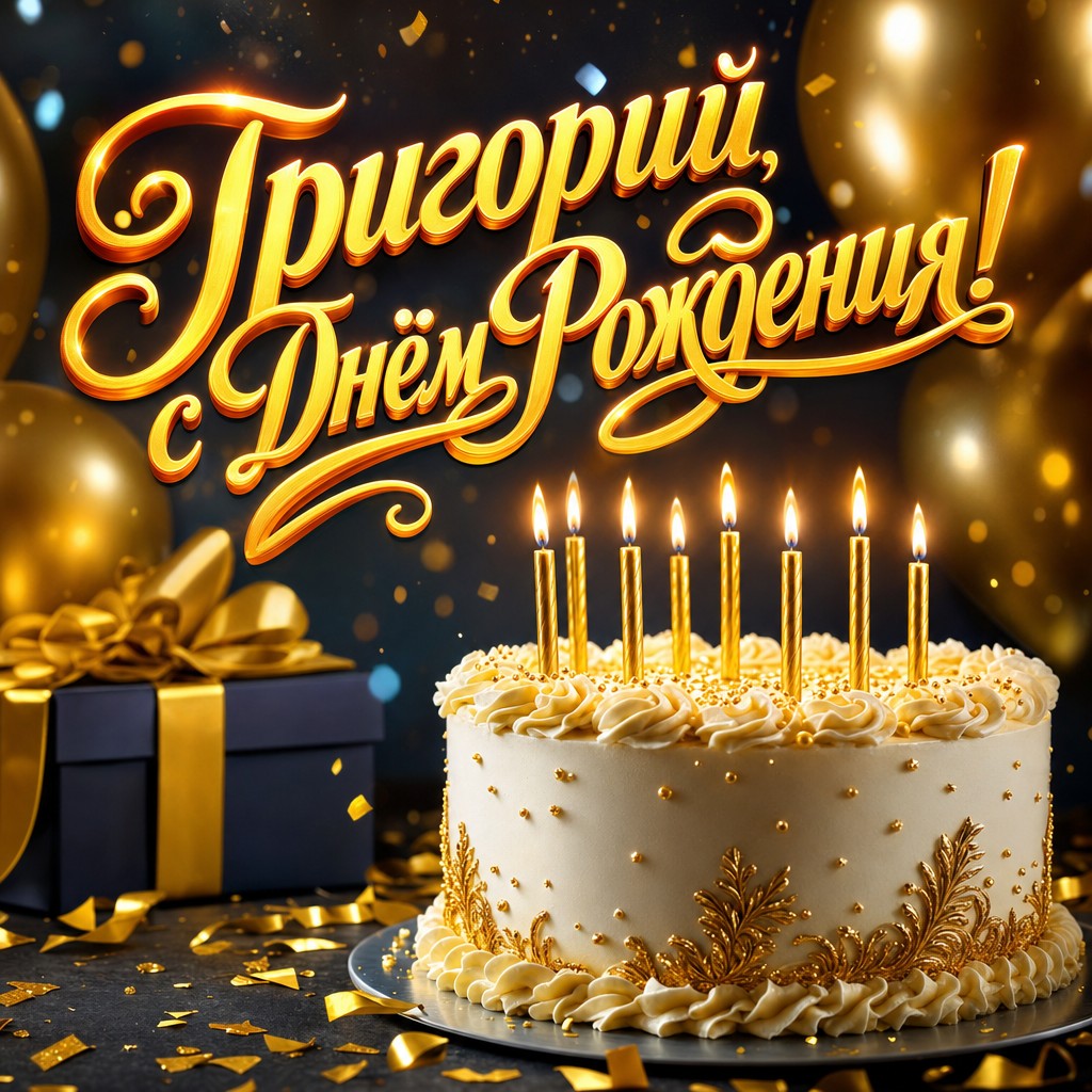 Стильная открытка для Григория на день рождения: торт со свечами, золотые акценты и премиальная атмосфера.