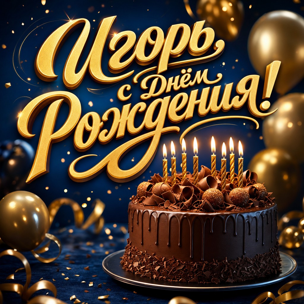 Элегантная открытка с Днем Рождения Игорю: шоколадный торт, свечи и золотые шары в премиальном стиле.