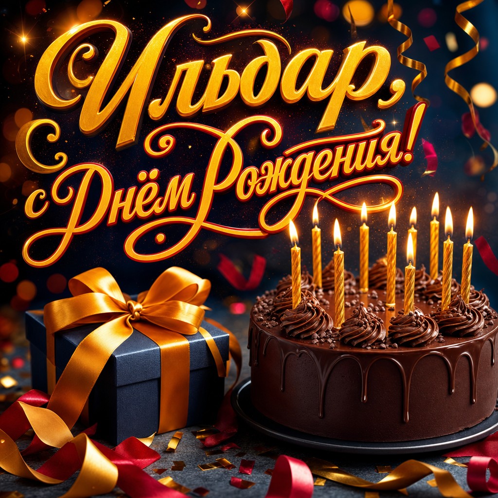 Стильная открытка с Днем Рождения Ильдару: шоколадный торт, свечи и премиальный тёплый свет.