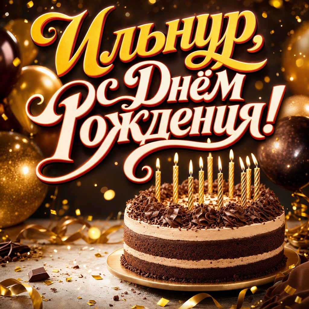 Стильная открытка Ильнуру на день рождения с праздничным тортом, свечами и тёплой премиальной атмосферой.