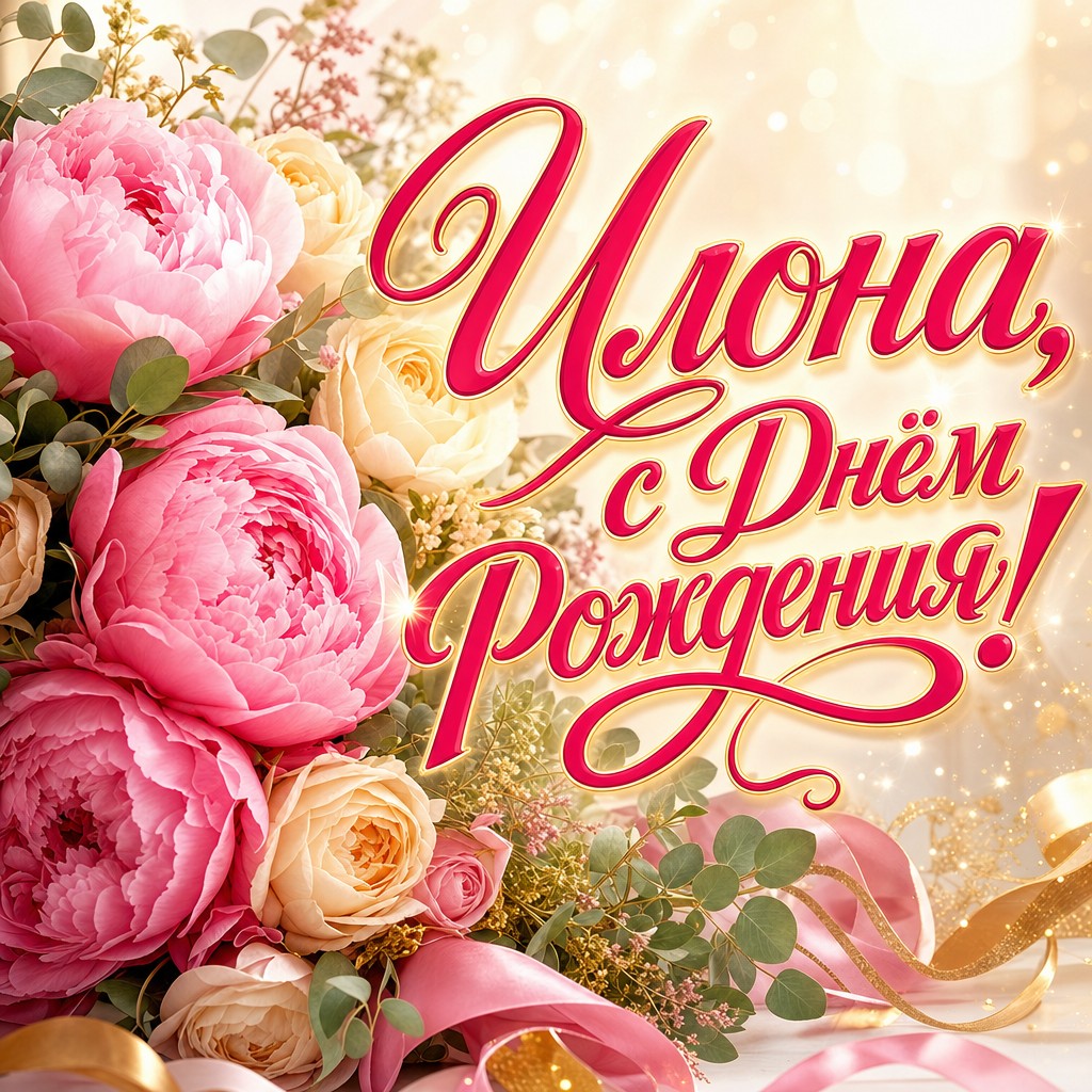 Нежная поздравительная открытка Илоне на день рождения с розовыми пионами, кремовыми оттенками и премиальным настроением.
