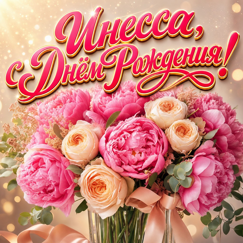 Нежная премиальная открытка с Днем Рождения Инессе: букет пионов, кремовый фон и мягкая праздничная атмосфера.