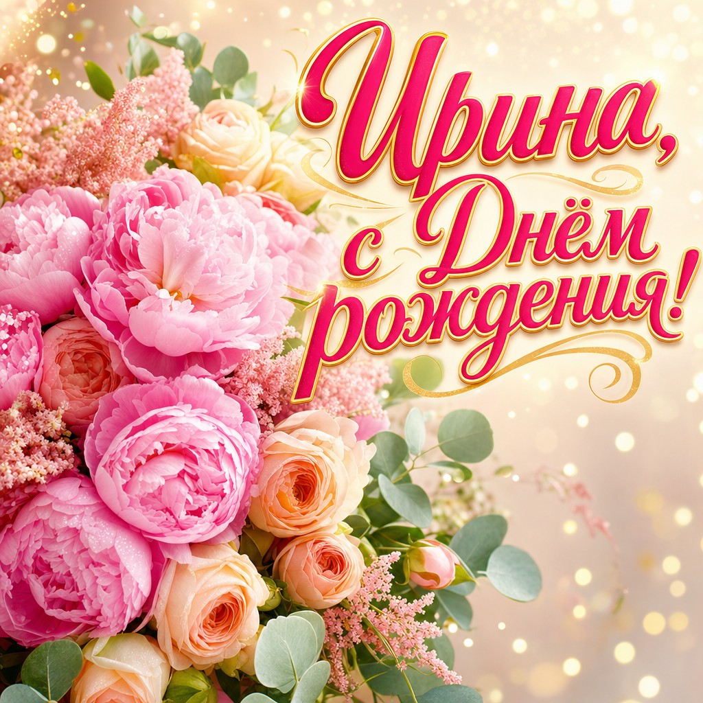 Элегантная открытка с Днем Рождения Ирине: нежный букет пионов, светлая палитра и премиальное настроение.