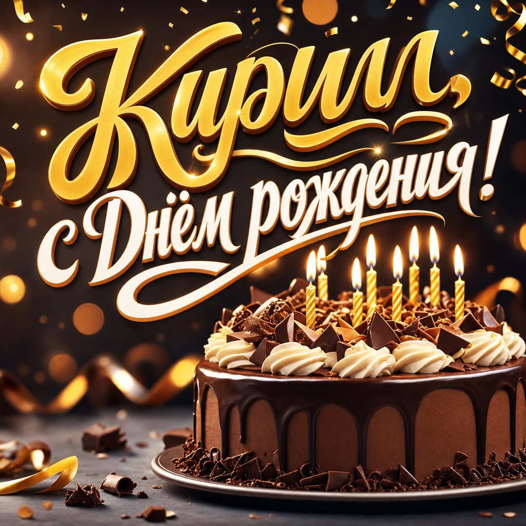Стильная открытка Кириллу на день рождения с праздничным тортом, свечами и тёплой премиальной атмосферой.
