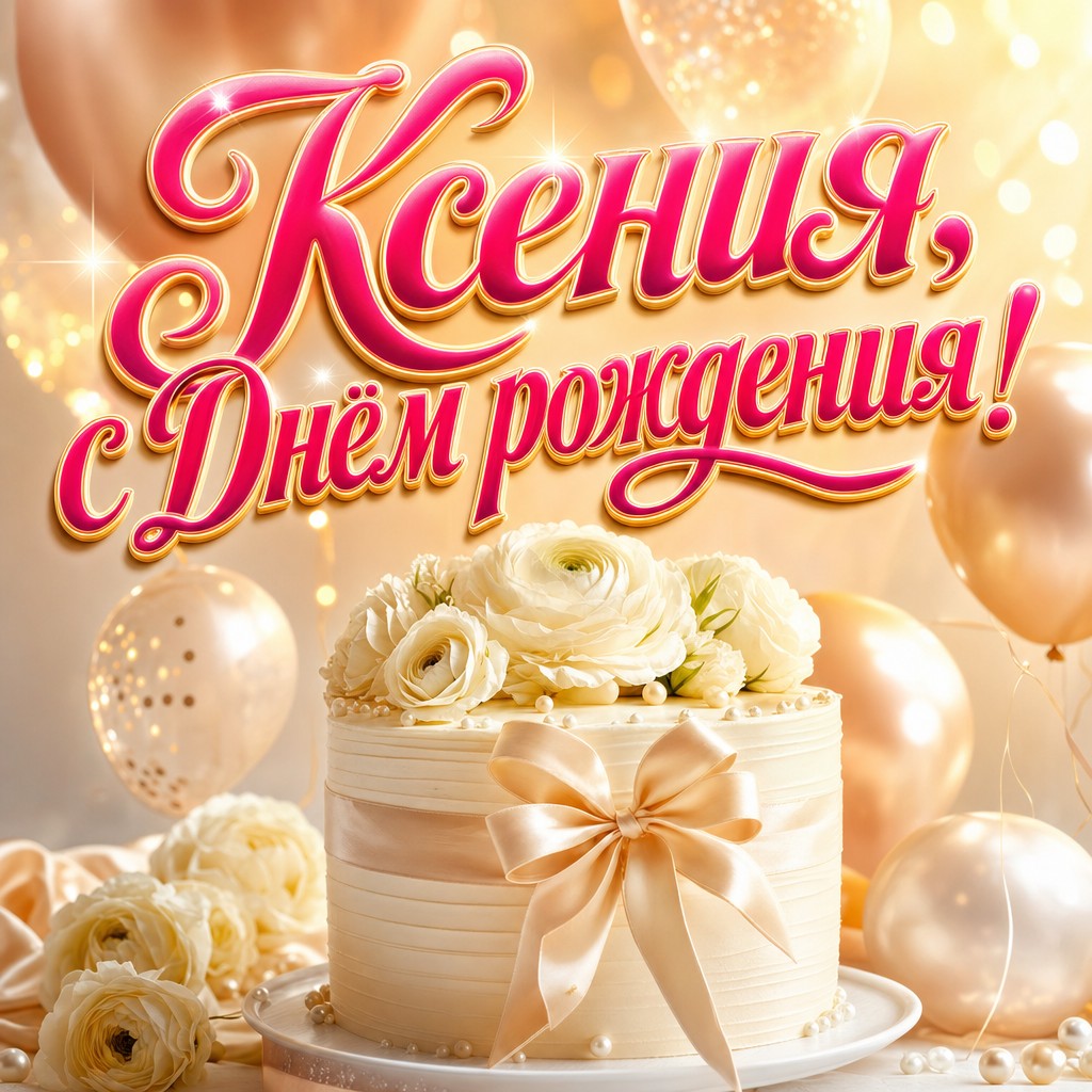 Премиальная открытка для Ксении на день рождения: нежный торт, жемчужные шары и светлая праздничная атмосфера.