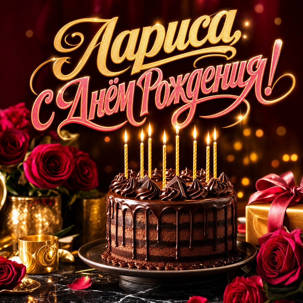 Элегантная открытка с Днем Рождения Ларисе: праздничный торт, свечи, бордовые розы и теплый премиальный свет.