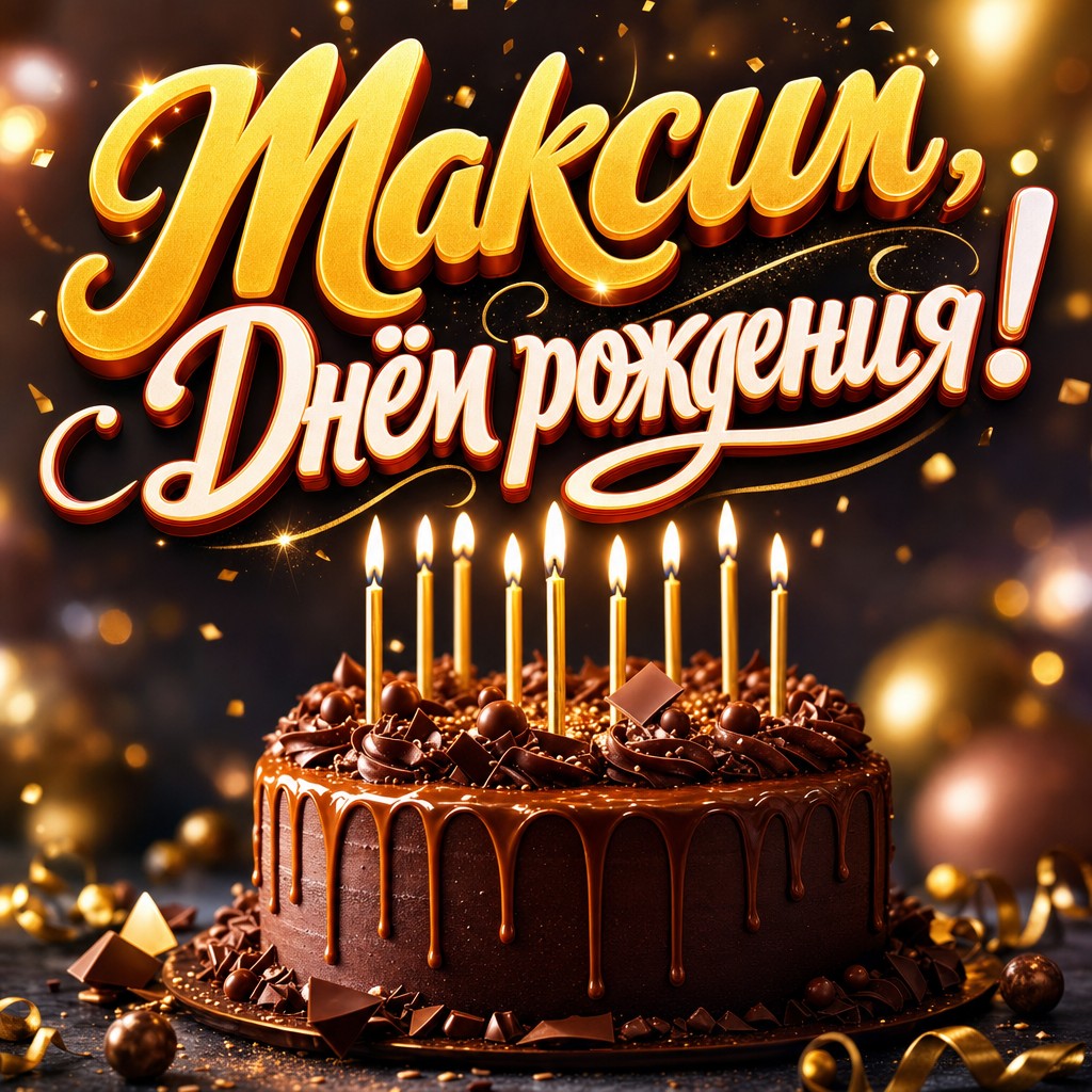 Стильная открытка с Днем Рождения Максиму: шоколадный торт, свечи и тёплый премиальный свет.