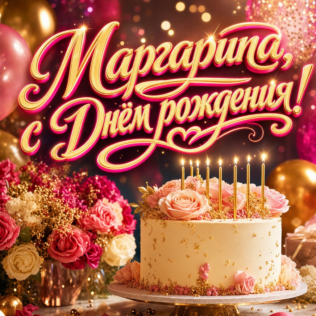 Премиальная открытка Маргарите на день рождения с элегантным тортом, свечами и нежной шампанской палитрой.