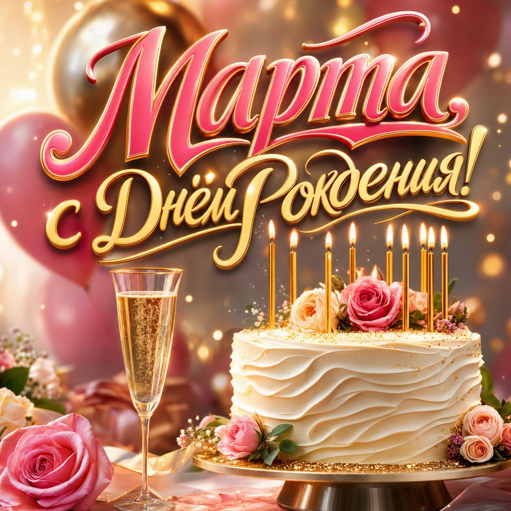 Премиальная открытка для Марты: праздничный торт со свечами, нежные шары и теплая кремово-золотая палитра.