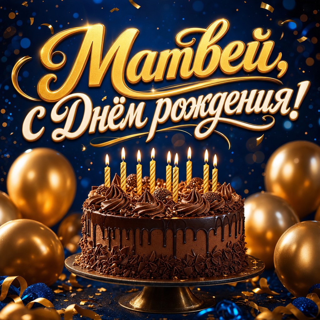 Стильная открытка Матвею на день рождения: шоколадный торт, свечи и золотые шары в премиальной фотостилистике.