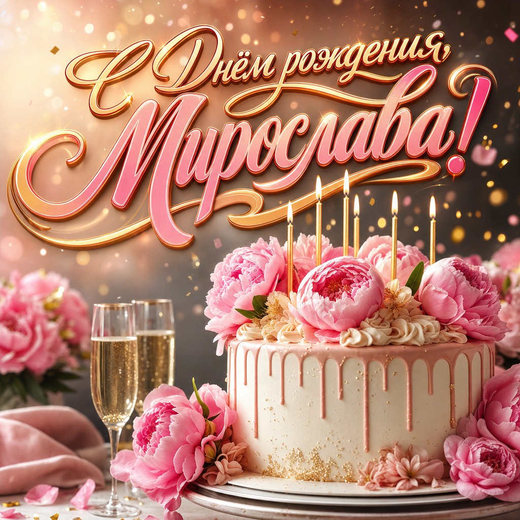 Премиальная открытка с Днем Рождения Мирославе: нежный торт, пионы и свечи в элегантной кремово-розовой гамме.