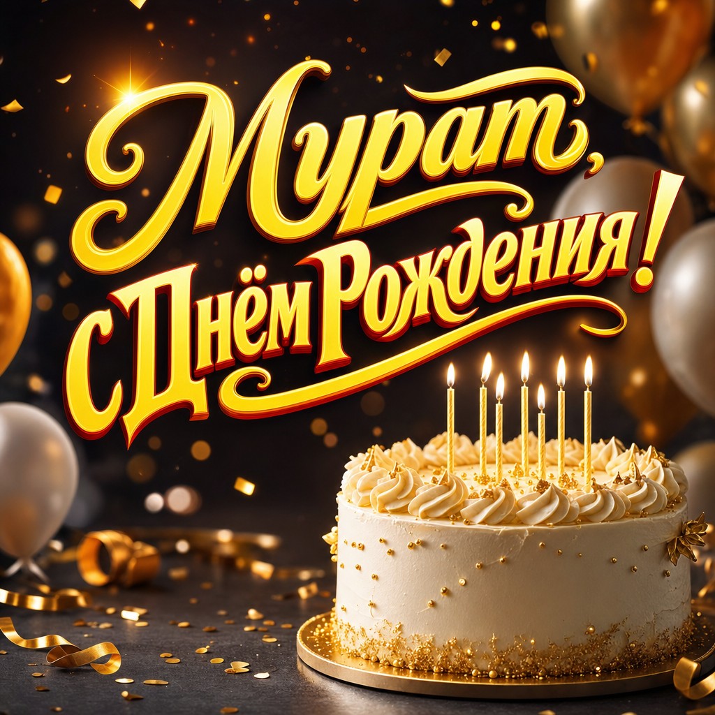 Стильная открытка с Днем Рождения Мурату: праздничный торт, свечи и золотые шары в премиальной фотосъемке.