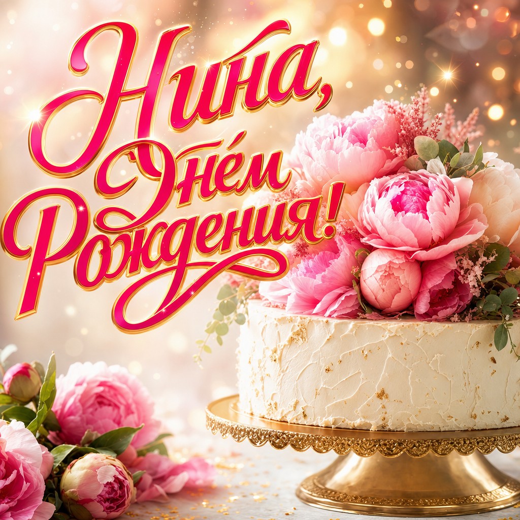 Нежная премиальная открытка с Днем Рождения Нине: кремовый торт, пионы и мягкая праздничная атмосфера.