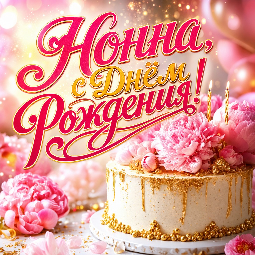Нежная премиальная открытка Нонне на день рождения с тортом, пионами и мягкой праздничной атмосферой.