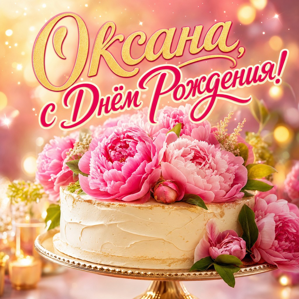 Премиальная открытка для Оксаны на День Рождения: нежный торт с пионами, сливочная палитра и праздничное настроение.