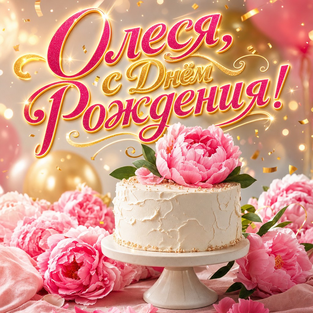 Нежная премиальная открытка с днем рождения Олесе: торт, пионы и светлая праздничная атмосфера.