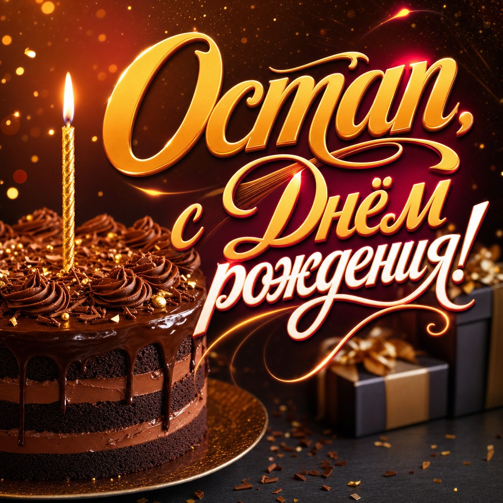 Стильная открытка с Днем Рождения Остапу: праздничный торт, свеча и теплое золотое сияние.