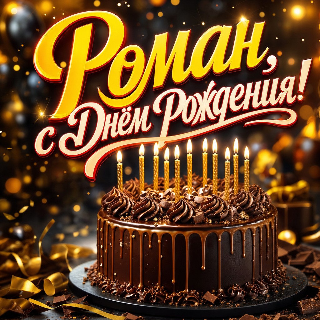 Стильная открытка Роману на день рождения с шоколадным тортом, свечами и тёплым праздничным настроением.