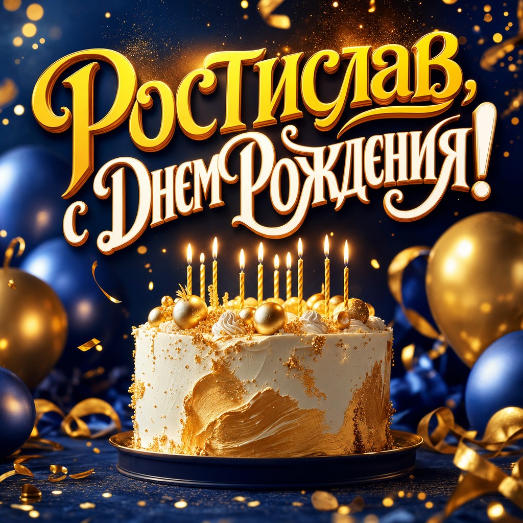 Премиальная открытка для Ростислава с праздничным тортом, свечами и теплым золотым свечением.
