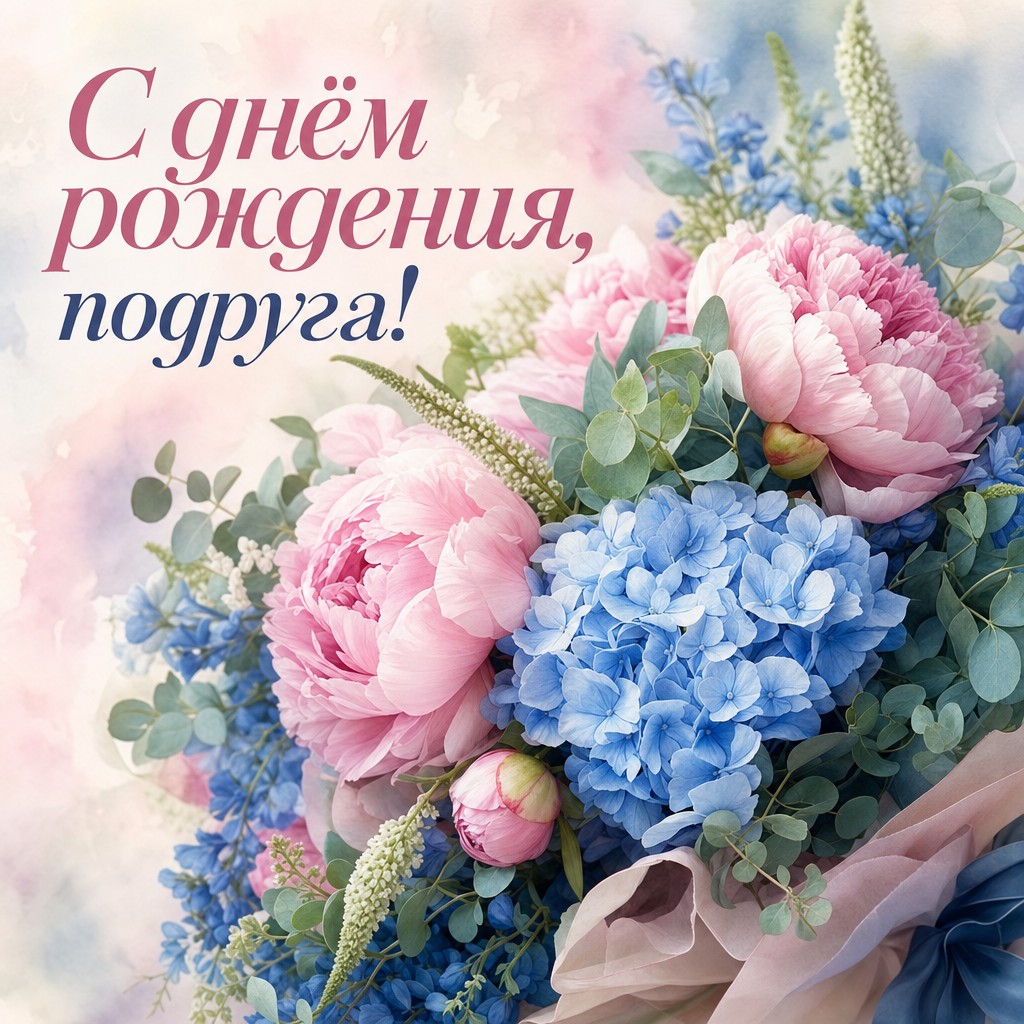 Чудесная акварельная открытка с днём рождения с букетом для подруги!